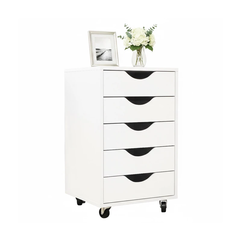 Relaxdays Roll Container with 5 Drawers, on Castors, Under-Desk White, 66.5x40x40cm