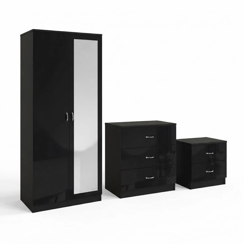 FWStyle Chilton 3 Piece Black Gloss Bedroom Furniture Set 2 Door Mirrored Wardrobe 3 Drawer Chest and 2 Drawer Bedside Table Modern Matt Black Frame
