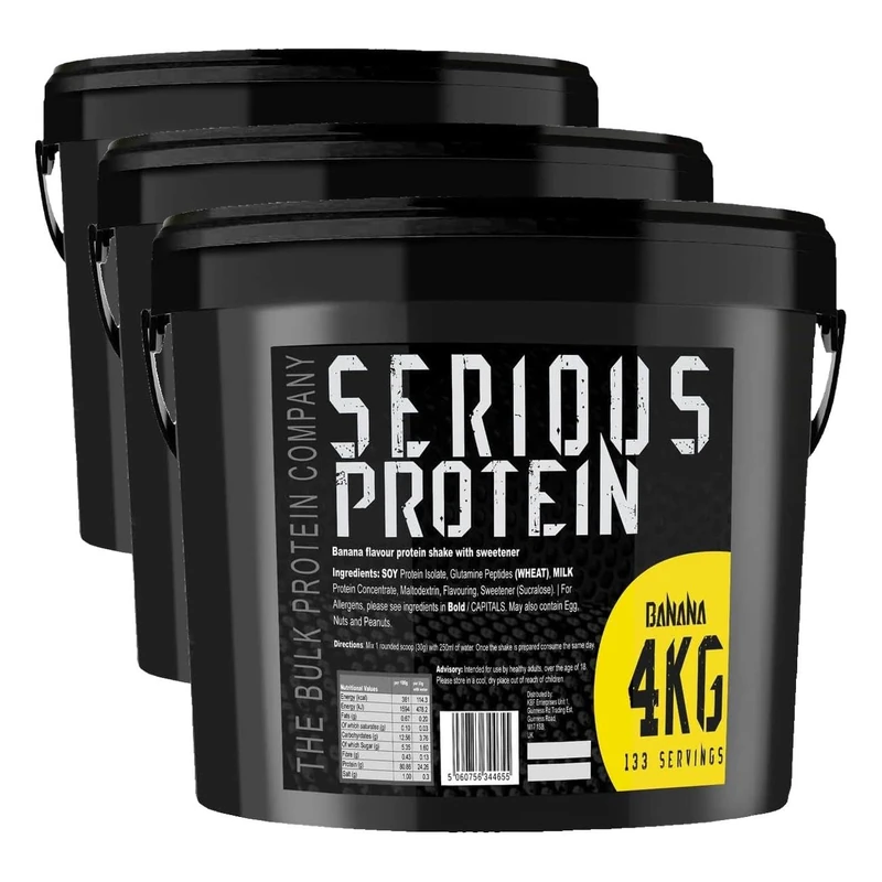 SERIOUS Protein – Protein Powder – 4kg – Low Carb – Supports Lean Muscle Growth – Recovery Supplement - The Bulk Protein Company - 133 Servings (Banana) (Pack of 3)