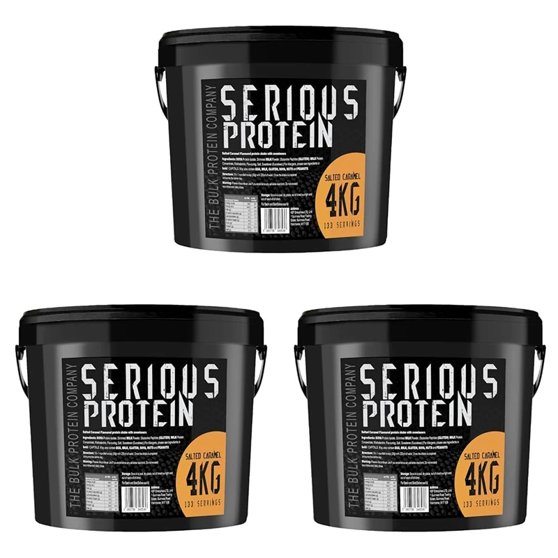 SERIOUS Protein – Protein Powder – 4kg – Low Carb – Supports Lean Muscle Growth – Recovery Supplement - The Bulk Protein Company - 133 Servings (Salted Caramel) (Pack of 3)