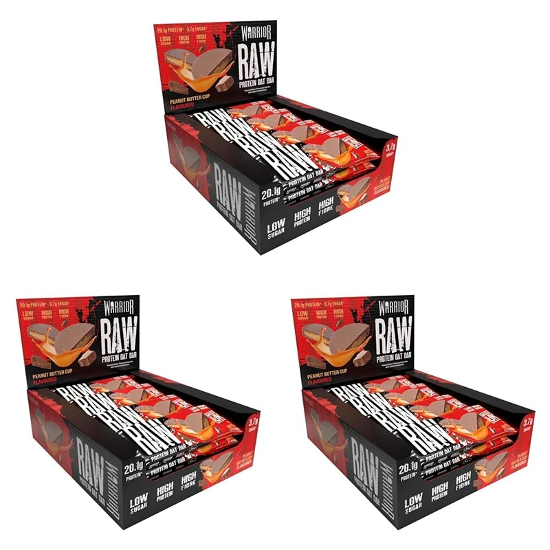Warrior Raw Protein Bars – 20g Protein Per Bar – High Protein Snack Bars Multipack (12 or 24 Bars, 75g Each) – Low Sugar, High Fibre Breakfast & Meal Replacement Bar – Peanut Butter Cup Flapjack