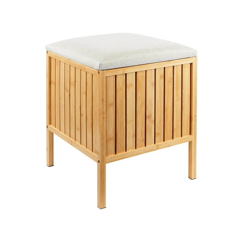 Relaxdays Bamboo Laundry Hamper with Seat and Padded Lid, Bathroom Storage Stool, 52 x 39 x 39 cm, Natural/Cream