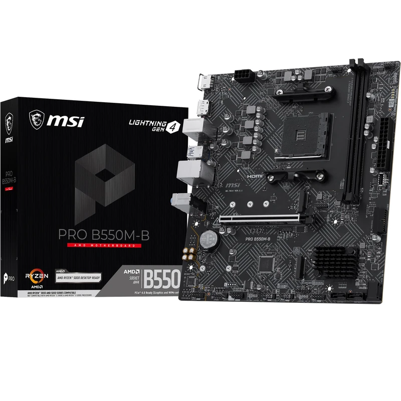 MSI PRO B550M-B Motherboard, mATX - Supports AMD Ryzen 5000/5000 G-Series, 4000 G-Series, 3000/3000 G-Series desktop processors, AM4 - DDR4 Memory Boost (up to 4600+ MT/s OC), PCIe 4.0 x16, M.2 Gen4,