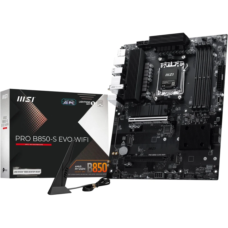 MSI PRO B850-S EVO WIFI Motherboard, ATX - Supports AMD Ryzen 9000/8000 / 7000 Processors, AM5 - DDR5 Memory Boost (up to 8200+ MT/s OC), PCIe 5.0 x16 & 4.0 x4, M.2 Gen5, Wi-Fi 7, 5G LAN