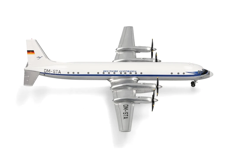 Herpa airplane model Deutsche Lufthansa Ilyushin IL-18 - DM-STA, on a scale of 1:200, metal miniature with pedastal, model building, collectors edition - Image 1