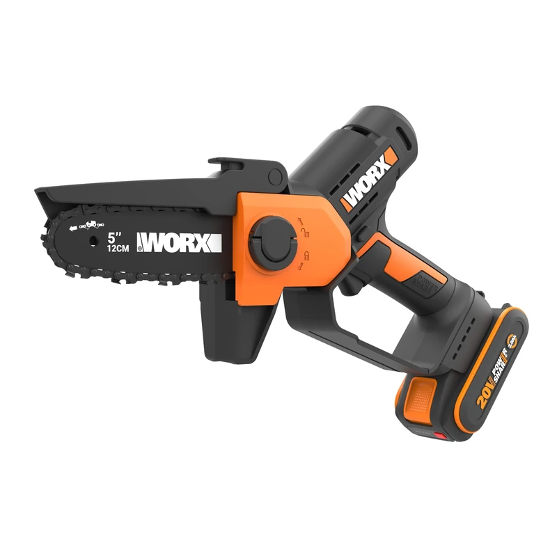 Worx WG326E 20V Cordless Pruning Saw, 12cm Cutting Capacity, 7.6m/s Chain Speed, One-Hand Operation, 2.0Ah Battery & Charger, PowerShare Compatible