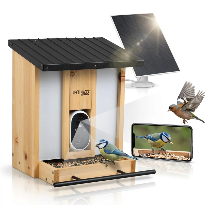 Technaxx WiFi Bird Feeder Camera – 3MP HD Solar Powered Birdhouse with Camera, App Control, Night Vision, Motion Detection, Wooden Feeder, MicroSD Support - TX-384 - Image 1