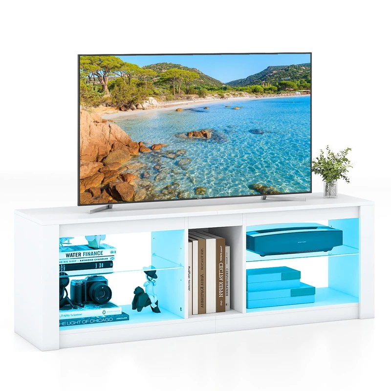 CASART LED TV Cabinet for 65 inch TVs, 140cm Entertainment Center TV Unit with Adjustable Glass Shelves & 20 RGB Light Colors, Modern Media TV Console Table for Living Room Bedroom (White)