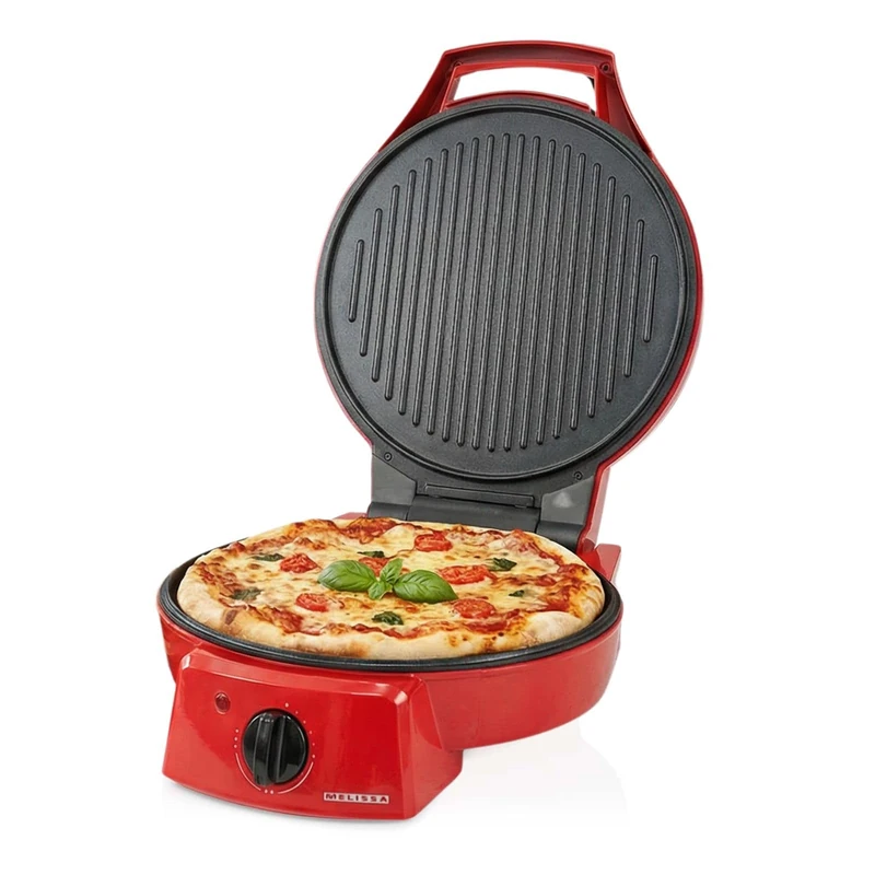 Melissa 12" Pizza Maker & Grill, with Max 230°C Adjustable Temperature, 30cm Non-Stick Plates and 180° Fold Out Double Surface - Red