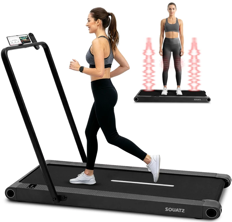 Squatz 2‑in‑1 Walking Pad Treadmill with Handlebar & Vibration Plates - Compact Walking Pad with LED Display, Device Holder, Quiet 1.0HP Motor & Remote for Home or Office Fitness (Black) - Image 1