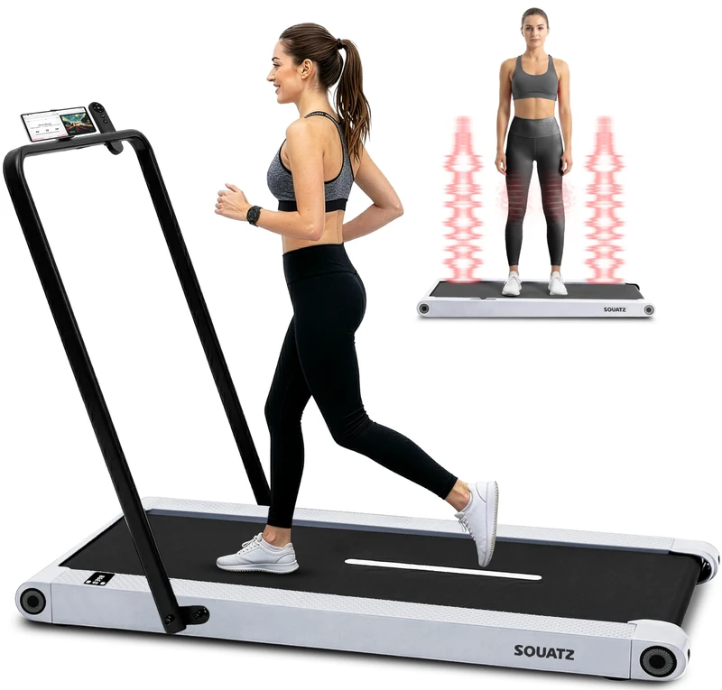 Squatz 2‑in‑1 Walking Pad Treadmill with Handlebar & Vibration Plates - Compact Walking Pad with LED Display, Device Holder, Quiet 1.0HP Motor & Remote for Home or Office Fitness (White)