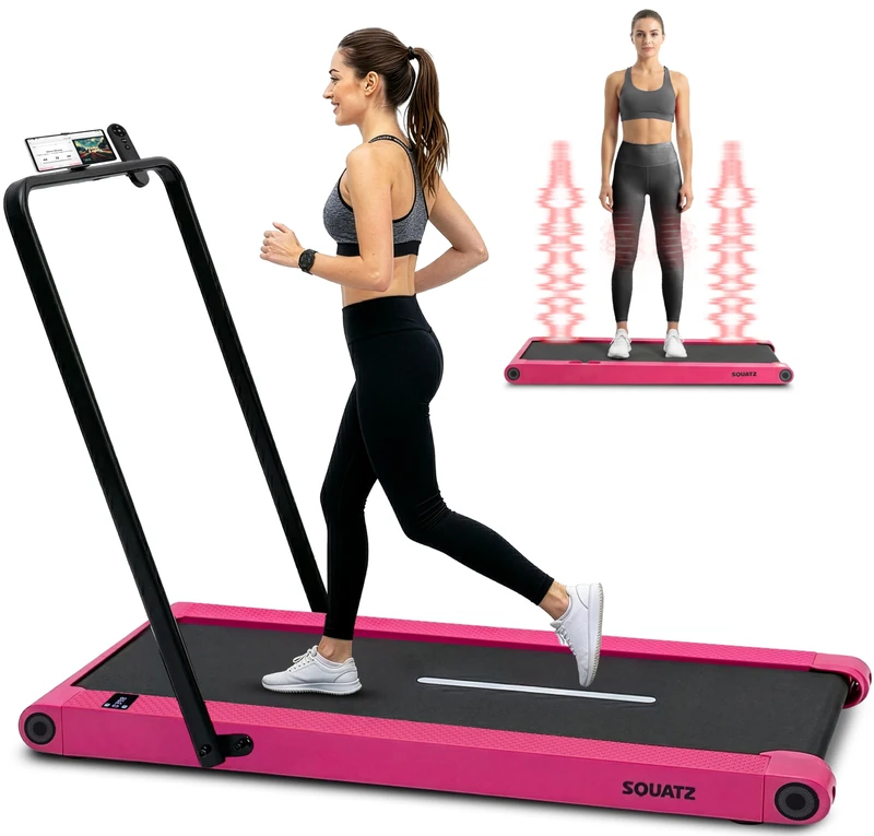 Squatz 2‑in‑1 Walking Pad Treadmill with Handlebar & Vibration Plates - Compact Walking Pad with LED Display, Device Holder, Quiet 1.0HP Motor & Remote for Home or Office Fitness (Pink)