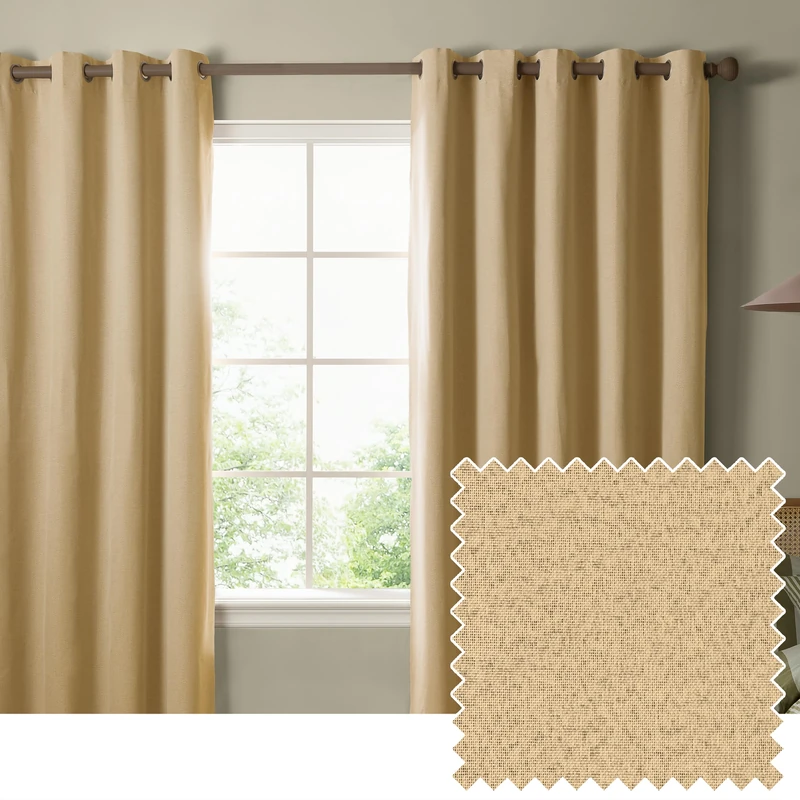 furn. The Ultimate Blackout Textured Eyelet Curtain Pair – Double Sided Woven Light Blocking Lined Curtains (Yellow – Width 229 x Drop 137cm)