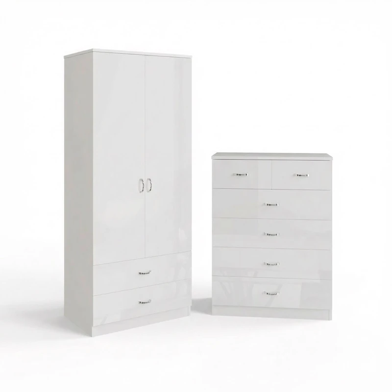 FWStyle Chilton 2 Piece White Gloss Bedroom Furniture Set 2 Door 2 Drawer Combination Wardrobe and 6 Drawer Chest Modern Matt White Frame Storage