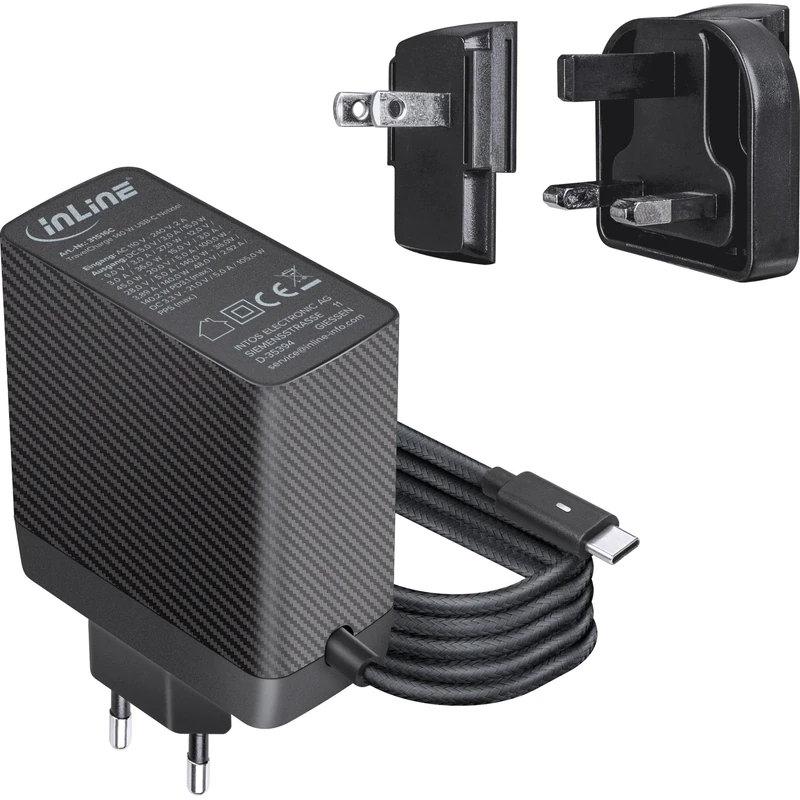 Inline TravelCharge 31516C 140W USB-C Power Supply with GAN Technology, Fast Charge, 1.2m Fixed Cable, Includes EU/UK/US Plug Plug, Charger for Laptops, Tablets