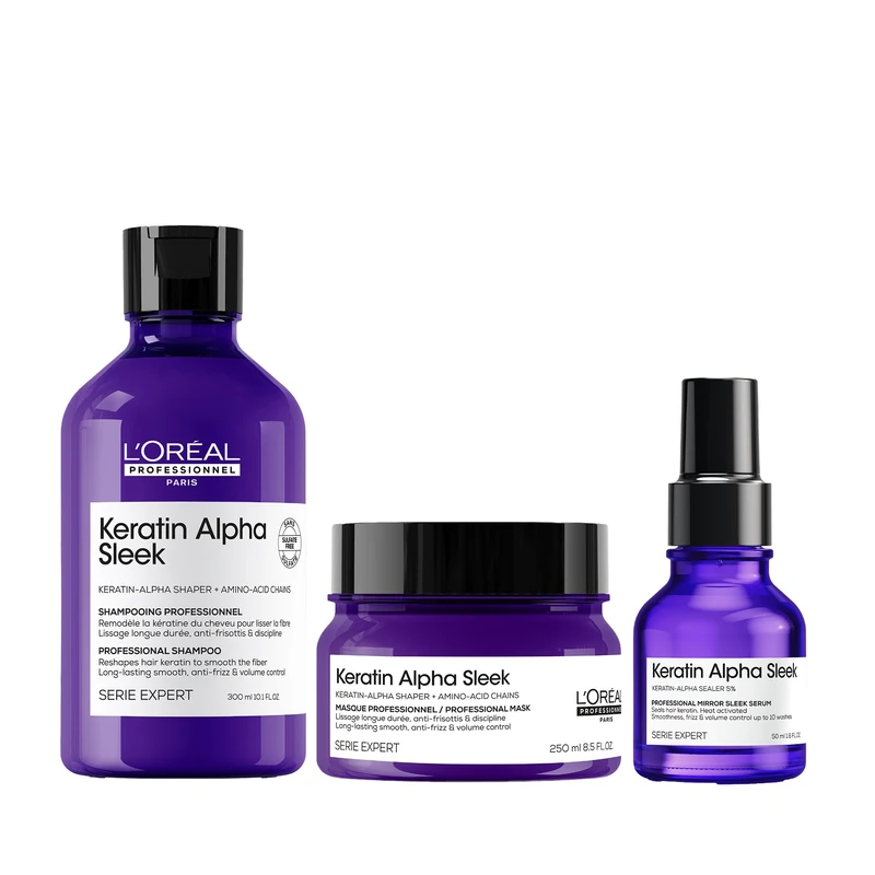 L'Oréal Professionnel Keratin Alpha Sleek Shampoo -2 week* Anti Frizz and Smoothing, sulphate-free 300ml, Hair Mask 250ml and Serum Glass Shine 50ml