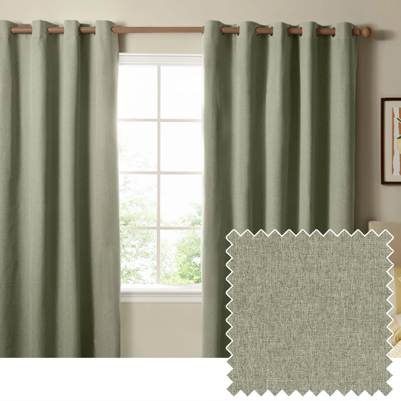 furn. The Ultimate Blackout Textured Eyelet Curtain Pair – Double Sided Woven Light Blocking Lined Curtains (Sage – Width 117 x Drop 183cm)