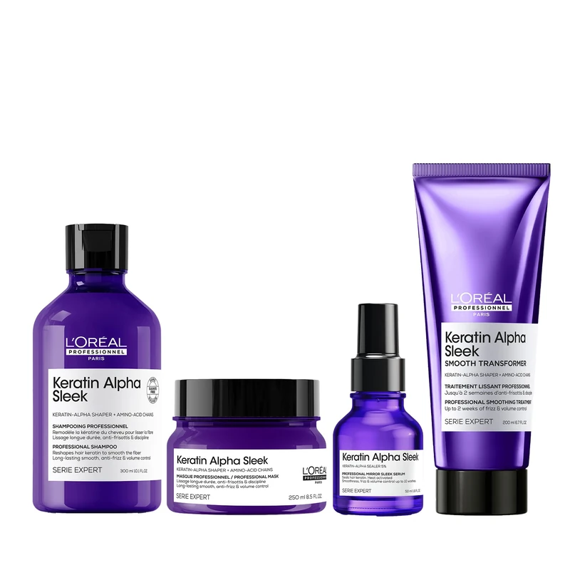 L'Oréal Professionnel Keratin Alpha Sleek Shampoo -2 week Anti Frizz and Smoothing, sulphate-free 300ml, Hair Mask 250ml, Serum Smoothing & Glass Shine 50ml and Smooth Transformer Hair Treatment 200ml