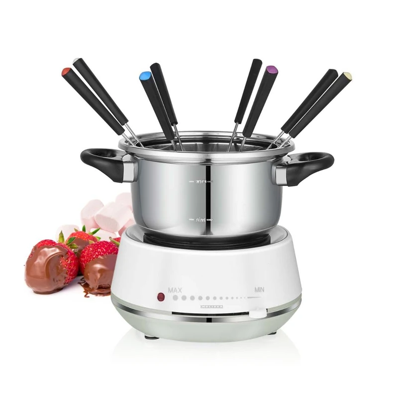 Melissa Electric Fondue Set with 2L Stainless Steel Pot, 1200W Rapid Heat with Adjustable Temperature, Rotating Sauce Ring, 8 Forks - White