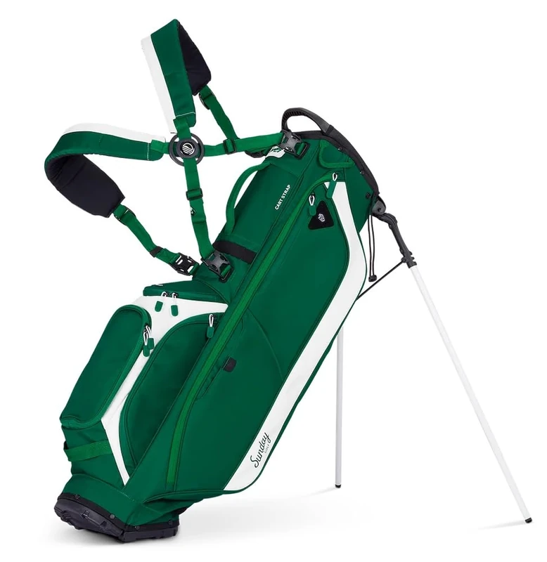 Sunday Golf Ryder Stand Bag: Lightweight Golf Bag, 2.2kg, Features Waterproof Zippers, 7 Spacious Pockets, Velcro Glove Holder and Rain Hood. Ideal Golf Stand Bag for Up to 14 Clubs, Evergreen