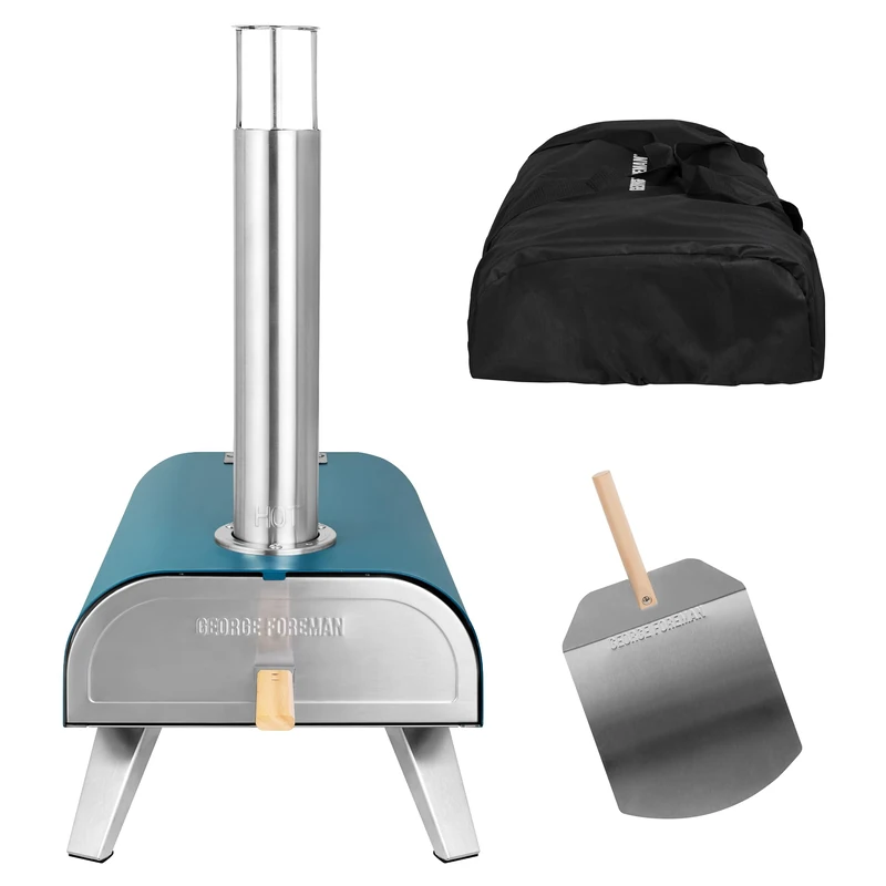 George Foreman Outdoor 12" Wood Pellet Portable Wood Fired Pizza Oven in Teal with Paddle and Carry Bag, BBQ Oven & Smoker, Foldable Legs GFWPPO1BLPC