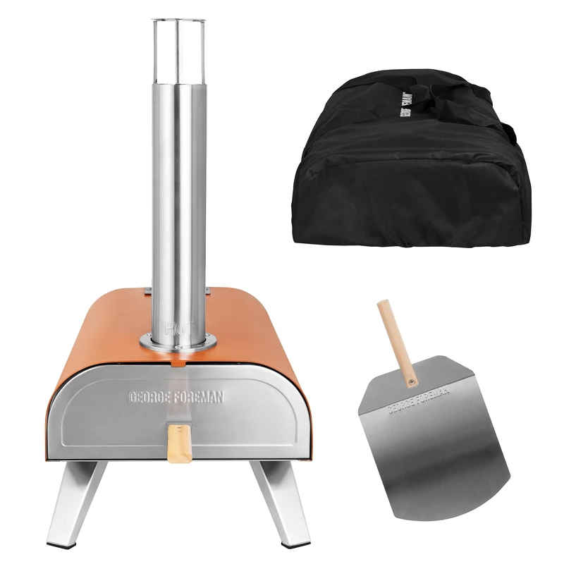 George Foreman Outdoor 12" Wood Pellet Portable Wood Fired Pizza Oven in Deep Orange with Paddle and Carry Bag, BBQ Oven & Smoker, Foldable Legs GFWPPO1ORPC