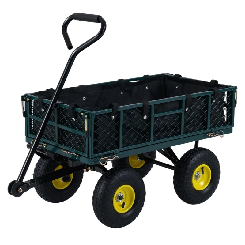 FANTASK Garden Hand Trolley, Metal Handcart with Adjustable Handle, Bag & Pneumatic Tyres, Foldable Garden Trolley, 4 Removable Sides, Platform Trolley Garden for Garden, Camping, Festival (Green)