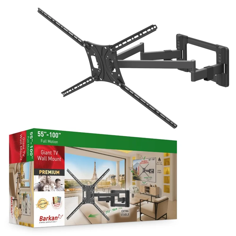Barkan 70 cm long TV wall mount, 55-100 inch double arm, swivel TV bracket, holds up to 70 kg, extra stable, OLED TV bracket, max. VESA 800 x 600