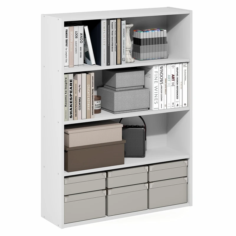 Furinno PASIR Book Shelf, 4-Tier Bookshelf with Open Storage Shelf, Standing Bookcase, 23.62 x 79.5 x 106.2cm, Easy Assembly, for Home Office, Bedroom, Living Room, White