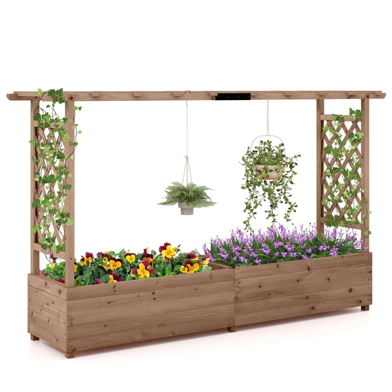 GiantexUK Raised Garden Bed with Arch Trellis (Brown, 200x44x114cm)