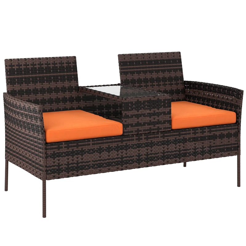Outsunny 2 Seat Rattan Garden Bench, Patio Wicker Chair with Glass Tea Table, Outdoor Love Seat with Padded Cushions, for Garden, Porch, Brown/Orange