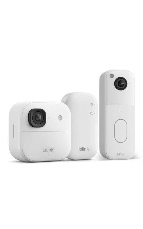 Blink Outdoor Camera 2K+ (newest gen) + Blink Video Doorbell — Wireless smart security camera, 2K video resolution, enhanced audio. Sync Module Core included — 1 camera system, White
