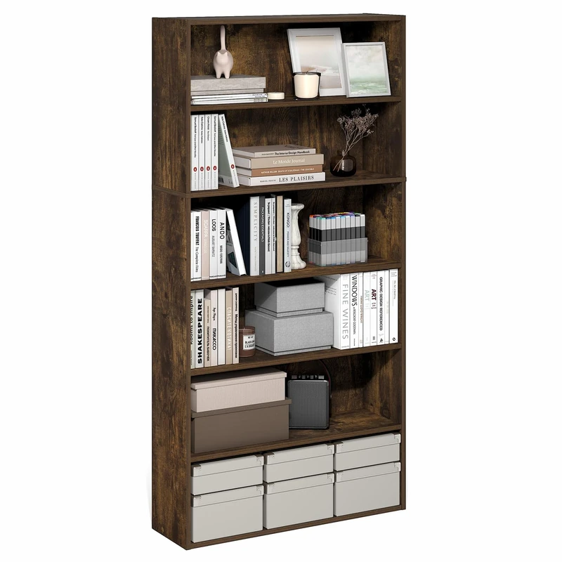 Furinno PASIR Book Shelf, 6-Tier Bookshelf with Open Storage Shelf, Standing Bookcase, 23.9 x 80 x 160cm, Easy Assembly, for Home Office, Bedroom, Living Room, Amber Pine