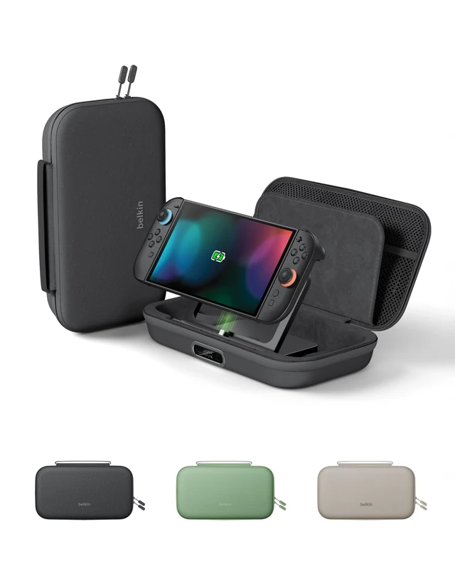Belkin Gaming Charging Case Pro for Nintendo Switch 2 with 10,000mAh Removable Power Bank, Travel Bag w/ AirTag Holder, Storage for 12 Game Cards, Charge in Case Design, Hard Shell - Charcoal