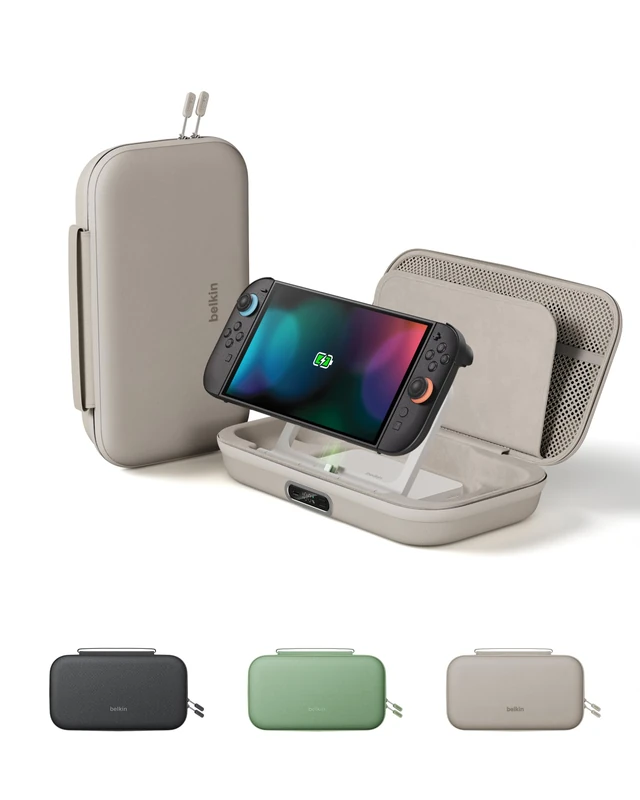 Belkin Gaming Charging Case Pro for Nintendo Switch 2 with 10,000mAh Removable Power Bank, Travel Bag w/ AirTag Holder, Storage for 12 Game Cards, Charge in Case Design, Hard Shell - Sand