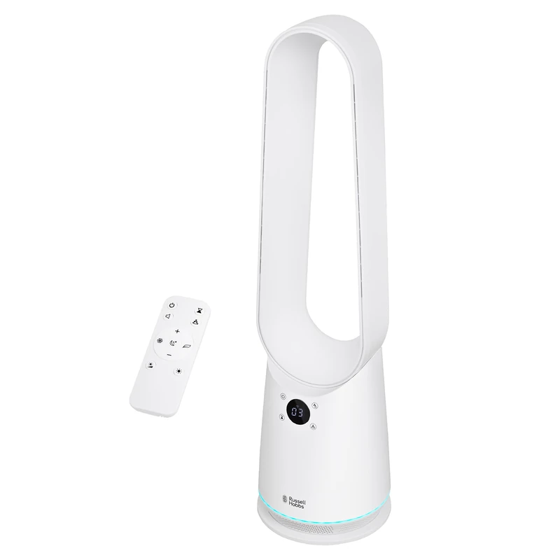 Russell Hobbs Smart Bladeless Cooling Fan in White, 9 Speed Settings, 3 Modes, Touch Controlled Buttons, WiFi Enabled, LED Display with Remote, 80° Oscillation Function, 80cm Tall, RHBLDLC25SM