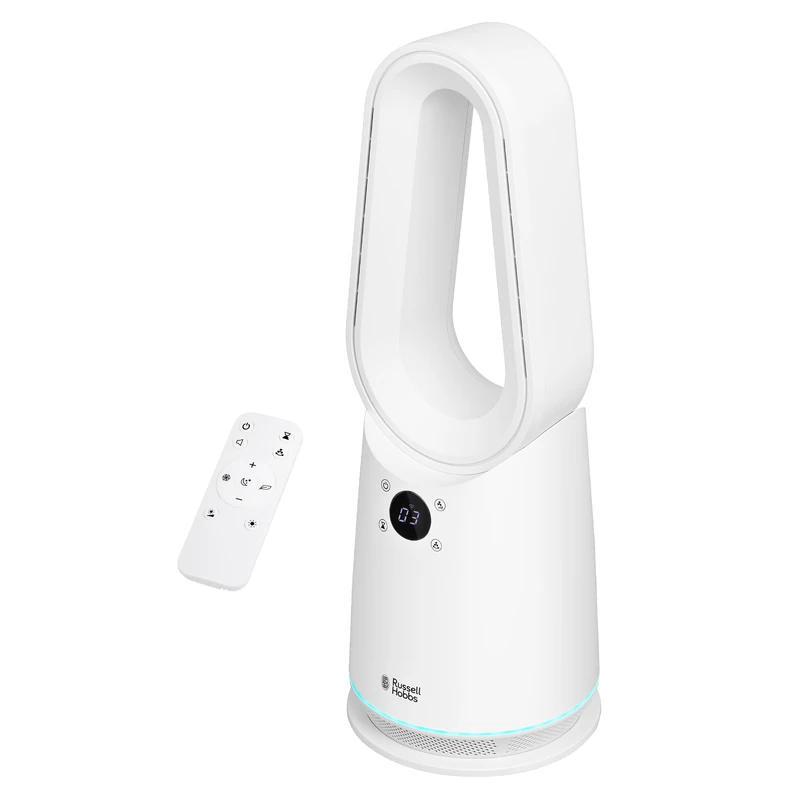 Russell Hobbs Smart Bladeless Cooling Fan in White, 9 Speed Settings, 3 Modes, Touch Controlled Buttons, WiFi Enabled, LED Display with Remote, 80° Oscillation Function, 59cm Tall, RHCBLDL10SM