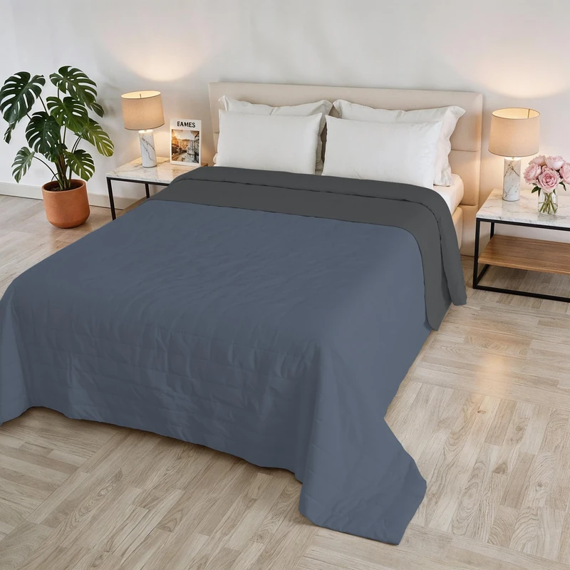 GOLIA Summer Quilt, Made in Italy, 100% Polyester – Double-Sided Bedspread with WaterWashed Effect – Lightweight Blanket with 65 g Filling – Double Bed 260 x 250 cm – Blue/Dark Grey - Image 1