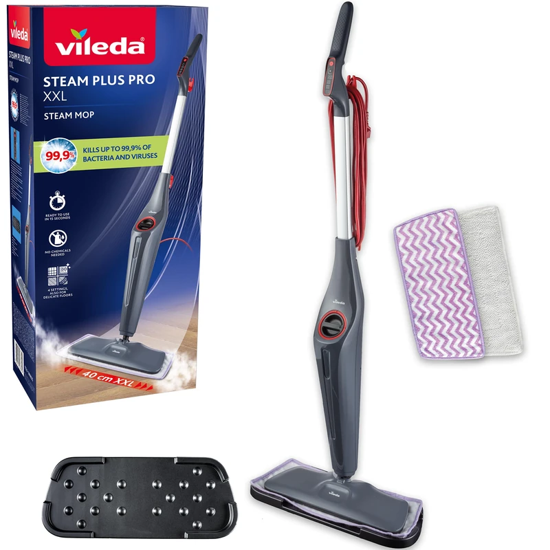 Vileda Steam Plus Pro XXL Steam Cleaner | Vileda Steam Mop with 4 steam settings, 2 x refills & storage tray | Sensitive Floor Cleaning Pad | Kills and Removes Viruses, Germs and Bacteria up to 99.9%