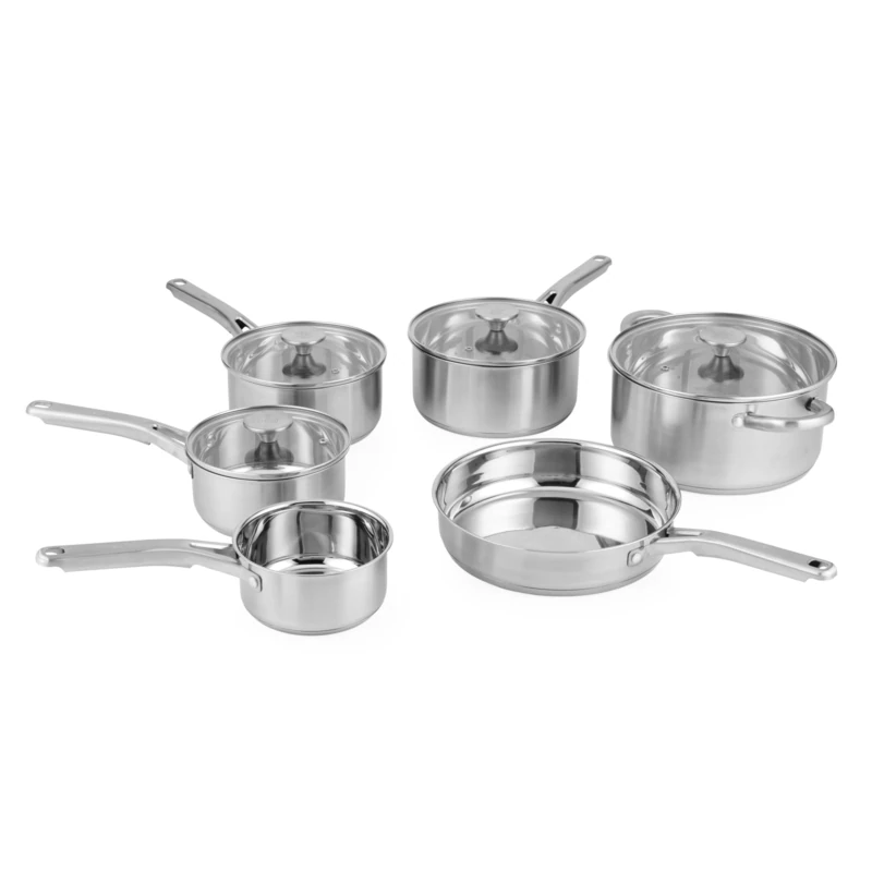 Salter Signature 6 Piece Stainless Steel Pan Set – Induction Suitable Cookware Set with 14, 16, 18 & 20 cm Saucepans, 24 cm Frying Pan & Stockpot, Glass Lids, Dishwasher Safe, 10 Year Guarantee