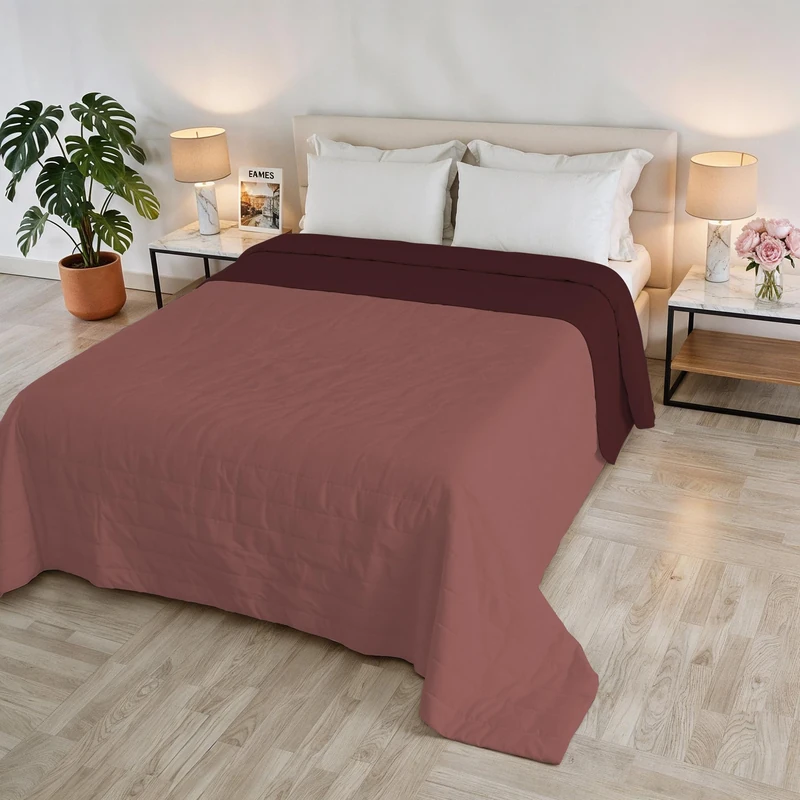 GOLIA Summer Quilt, Made in Italy, 100% Polyester – Double-Sided Bedspread with WaterWashed Effect – Lightweight Blanket with 65 g Filling – Double Bed 260 x 250 cm – Coral/Burgundy