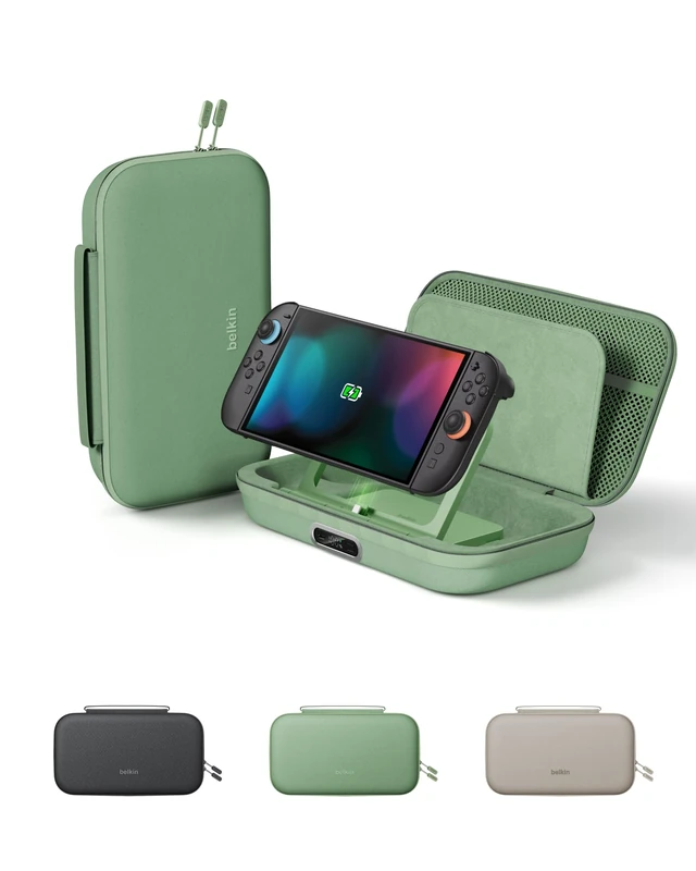 Belkin Gaming Charging Case Pro for Nintendo Switch 2 with 10,000mAh Removable Power Bank, Travel Bag w/ AirTag Holder, Storage for 12 Game Cards, Charge in Case Design, Hard Shell - Green