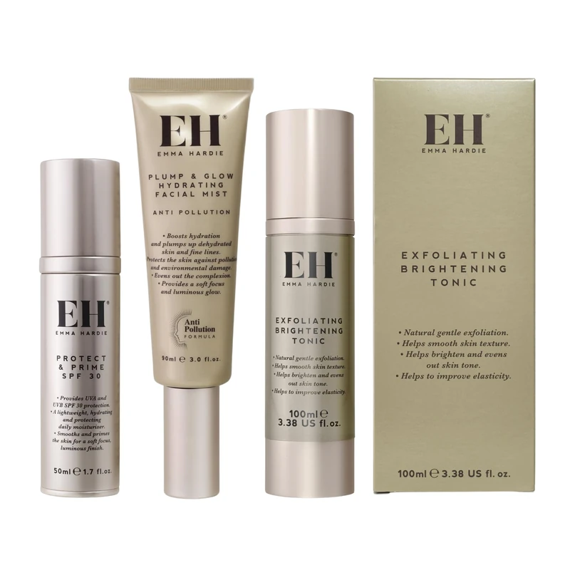 Emma Hardie Hidden Heroes Bundle - Plump & Glow Hydrating Facial Mist 90ml, Exfoliating Brightening Tonic 100ml, Protect & Prime SPF30 50ml, Hydrating, Radiance-Boosting Daily Facial Skincare