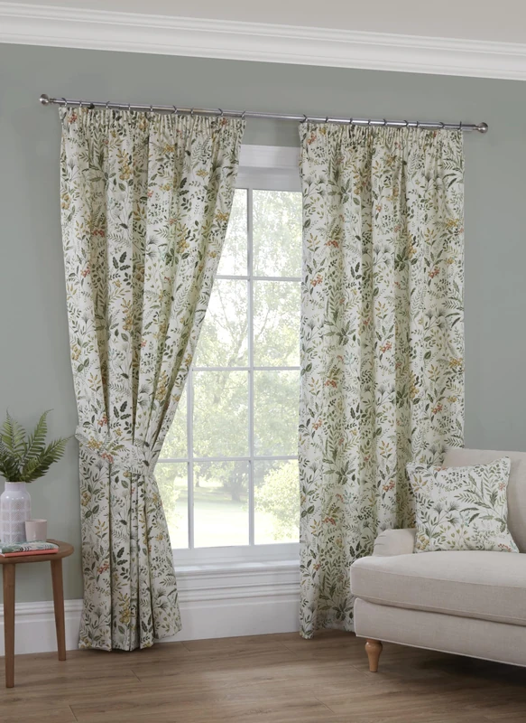 Sundour Cleo Fully Lined Floral Pencil Pleat Curtains Willow 90x90