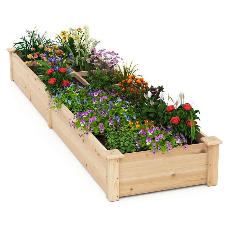 FANTASK Raised Bed Made of Fir Wood, 228 x 62 x 25 cm, Plant Box with Open Base & Dividers, Herb Bed with 2 Planters, Flower Bed for Garden, Balcony, Yard, Patio (Natural) - Image 1
