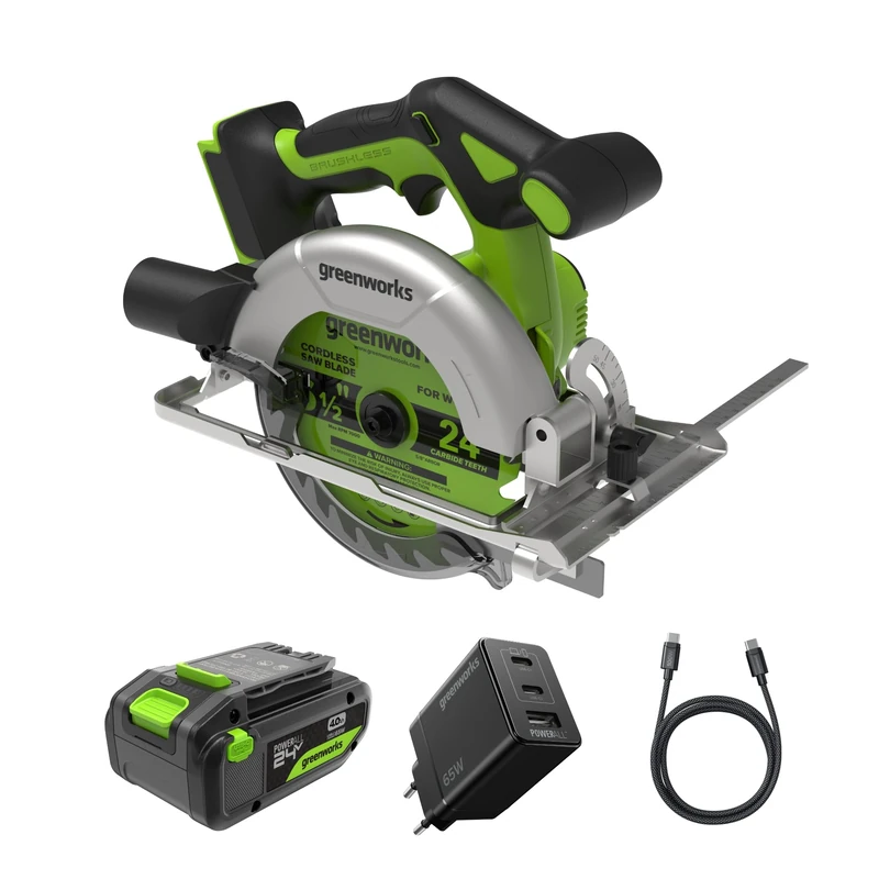 Greenworks 24 V Cordless Circular Saw, brushless, 165 mm, 5,000 RPM, 20 mm Blade, Adjustable Cutting Depth 45°/90°, LED Light, with Battery and CRG404 Charger