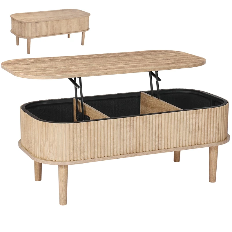 VEVOR 1000mm Lift Top Coffee Table, Fluted Oval Coffee Table with 3 Hidden