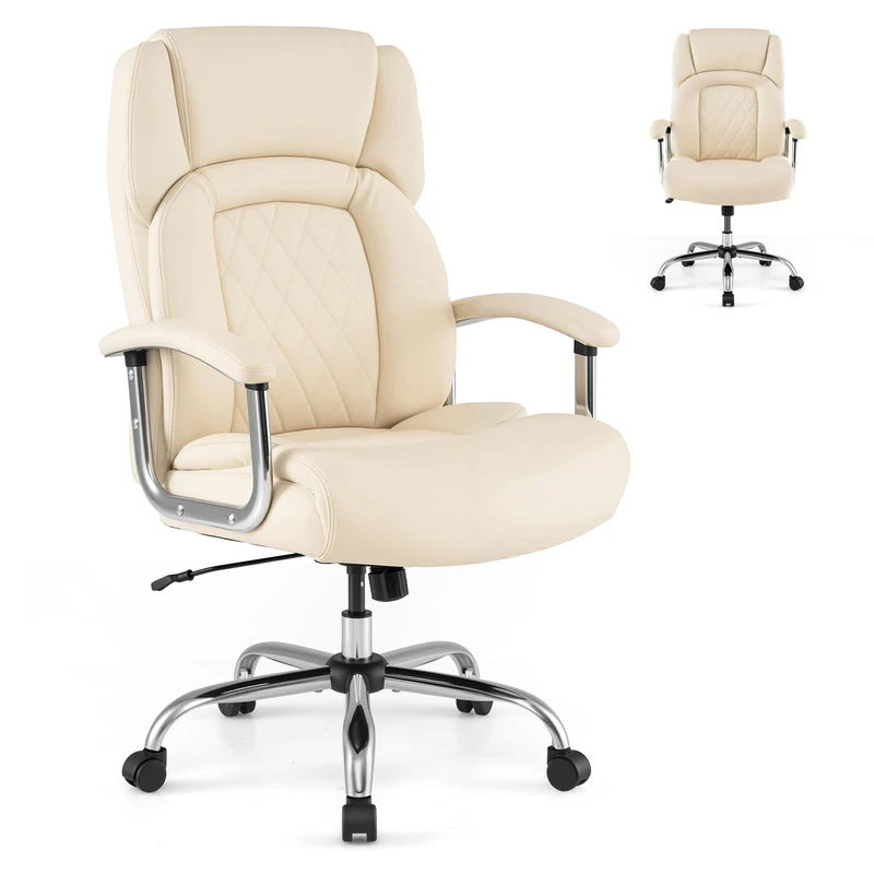 CASART PU Leather Office Chair, 300/400/500LBS Big and Tall Executive Chair with Rocking Backrest&Armrest, Metal Base, Height Adjustable Computer Desk Chair for Home Working (Beige, 500LBS)