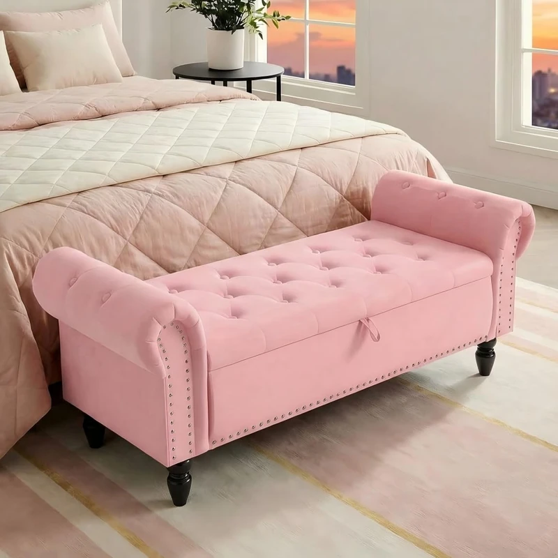 Clevich Ottoman Storage Bench, Velvet End of Bed Storage Box with Lid, Sturdy Wood Legs Footrest, 168KG Load Capacity, Sofa Bench for Bedroom/Living Room, 133x53x46cm