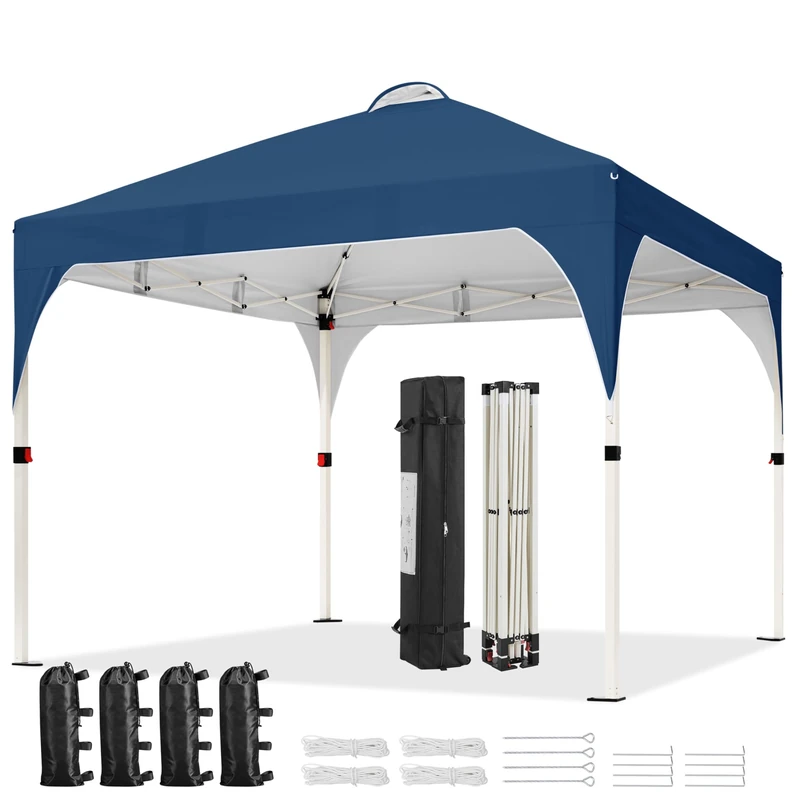 Yaheetech Pop Up Gazebo, 3x3m Instant Foldinng Shelter with Wheeled Bag, 4 Sandbags, 4 Ropes, 12 Stakes, Metal Frame, Adjustable Height, Top Air Vent, Navy Blue